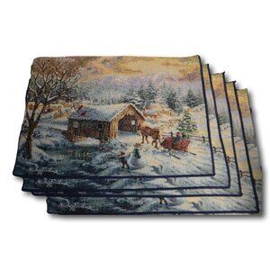 Vintage Set of 6 Nicky Boehme Tapestry Christmas Barn w Horse & Sleigh Placemats